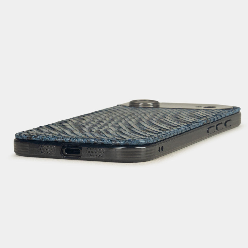 Blue Python Cover Case iPhone 17 Air - flat side view displaying ultra-thin handcrafted design, USB-C port opening and precise edge finishing