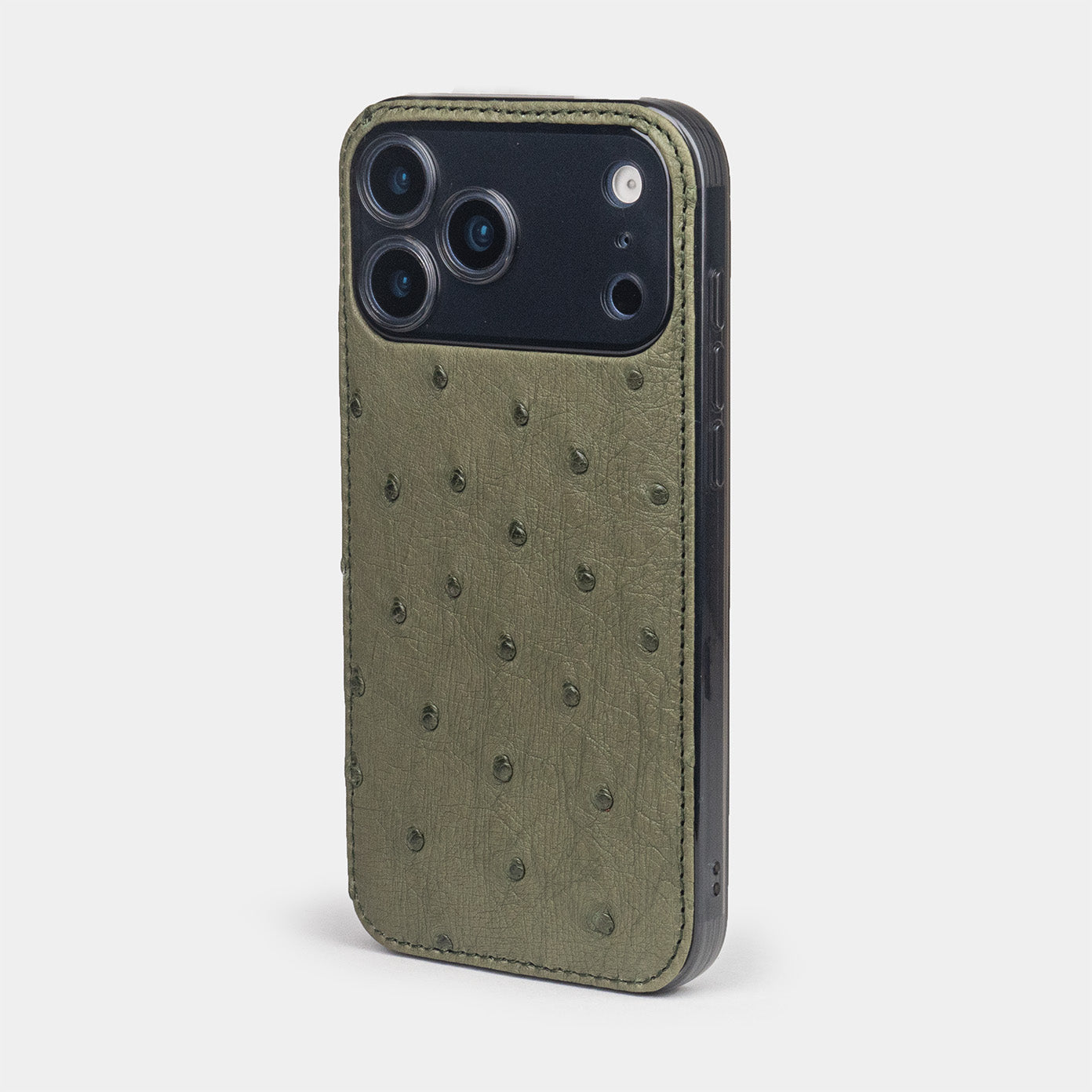 green Ostrich Cover Case iPhone 17 Pro  blue – luxury handmade phone case in genuine ostrich leather, view of the cameras
