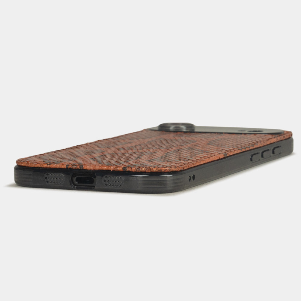 Gold Python Cover Case iPhone 17 Air - flat side view displaying ultra-thin handcrafted design, USB-C port opening and precise edge finishing