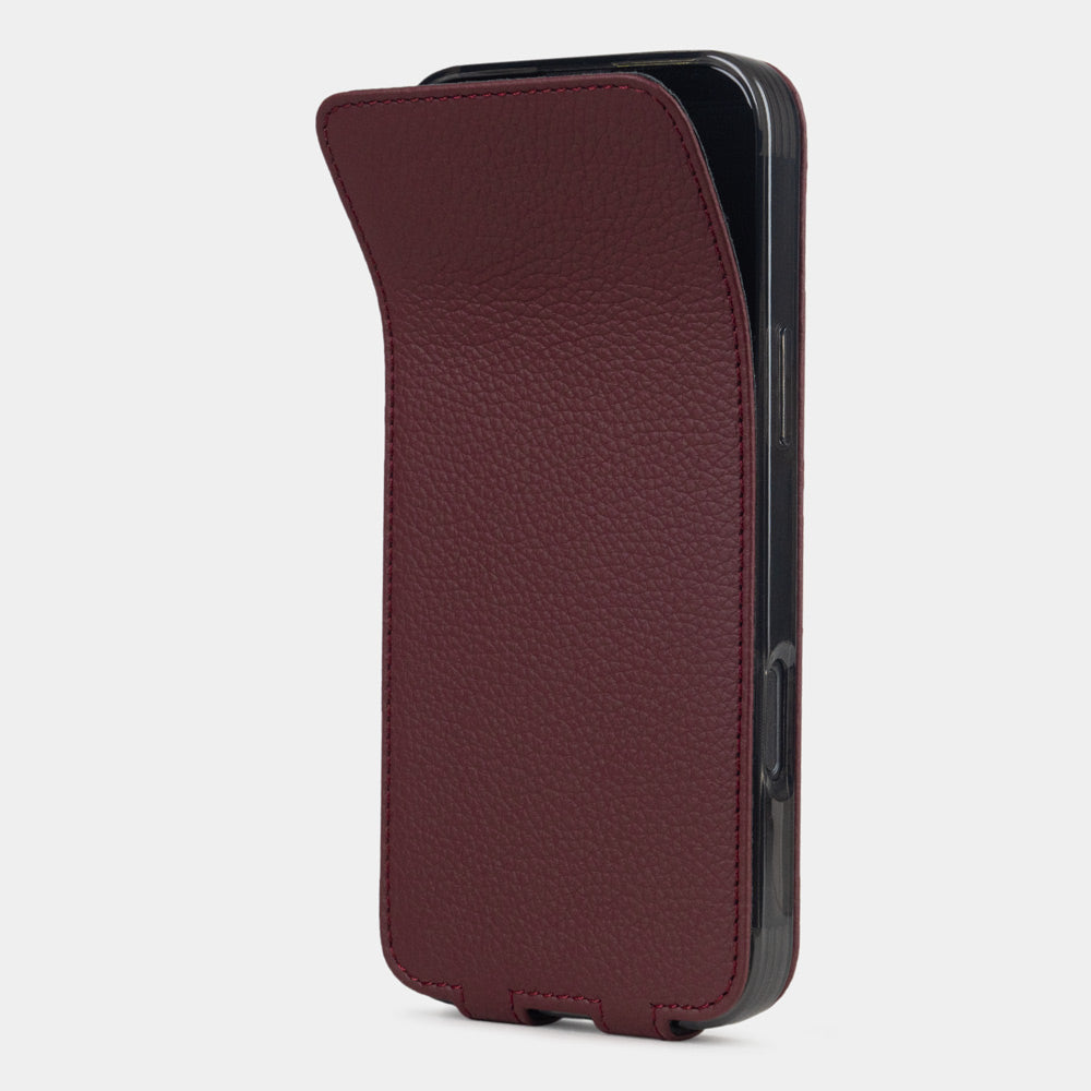 bordeaux premium leather case iPhone 17 Pro – flexible front cover with integrated magnets shown folding back to securely close and protect the screen