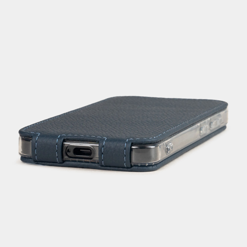 Side edge of the Samsung S24 Plus blue leather case, USB-C port access with precise stitched leather finish