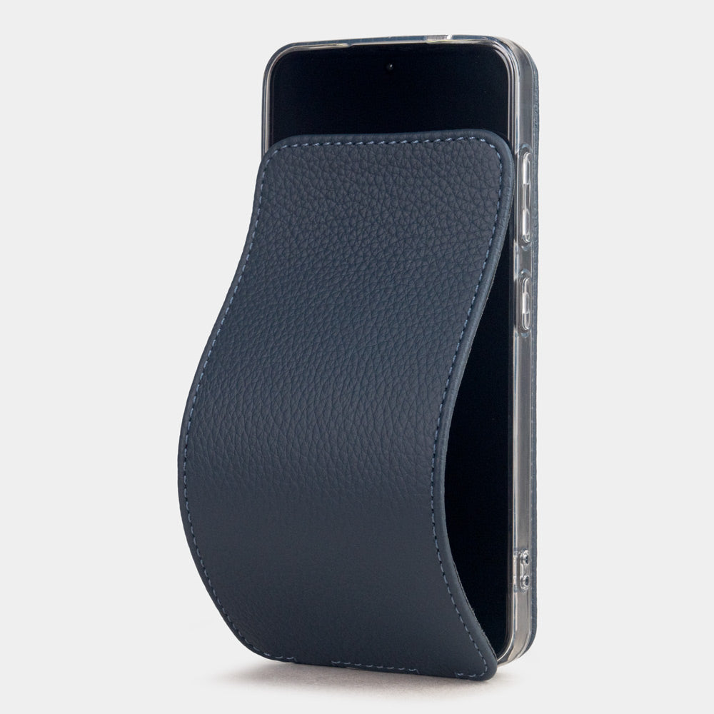 Samsung S24 Plus blue leather case, flexible flap folding completely flat against the back