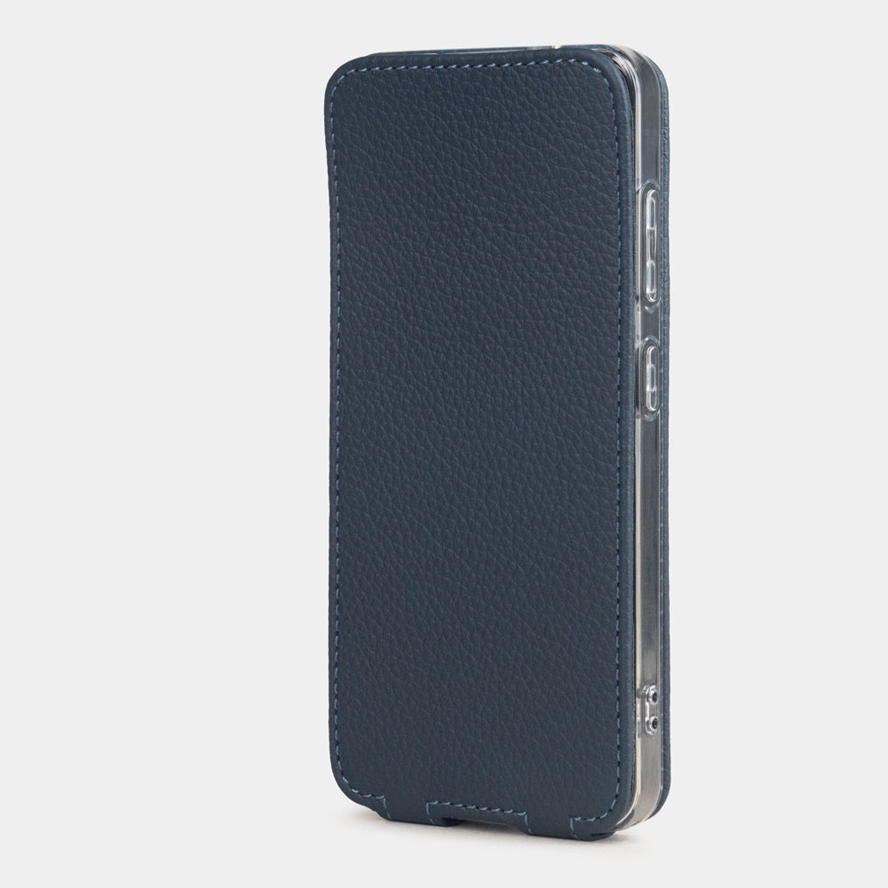 Samsung S24 Plus leather flip case in blue calfskin, magnetic flap closed flat — front view