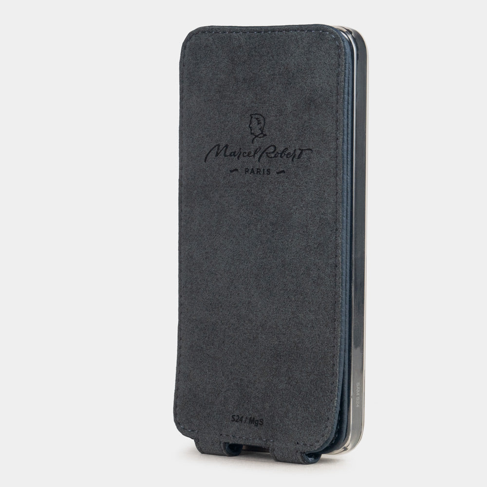 Interior of the Samsung S24 Plus blue leather flip case, Alcantara lining with Marcel Robert Paris embossed logo