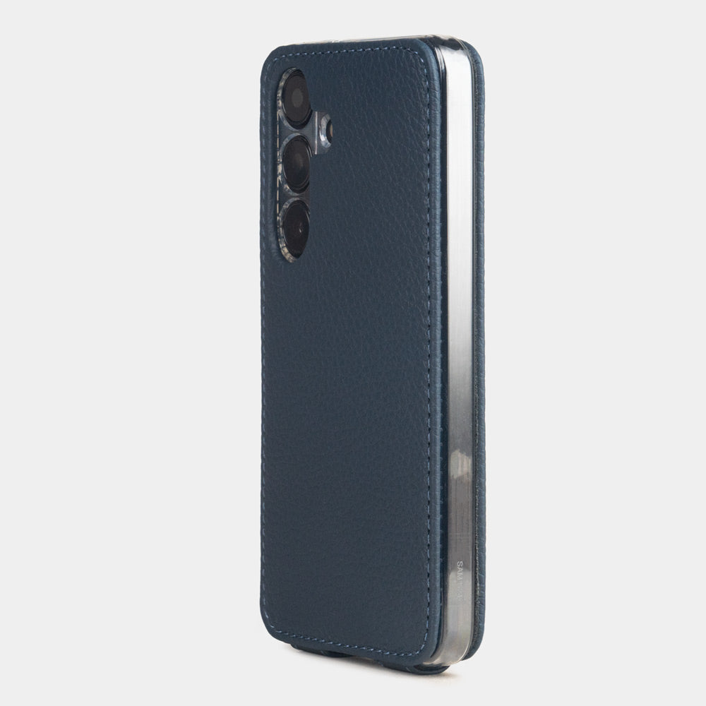 Back view of the Samsung S24 Plus blue leather case, camera cutout with precise leather stitching
