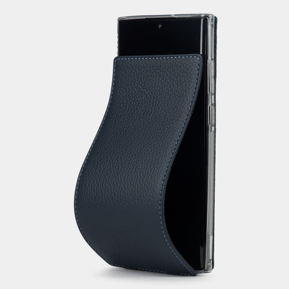 Samsung S24 Ultra blue leather flip case, magnetic flap opening to reveal the screen