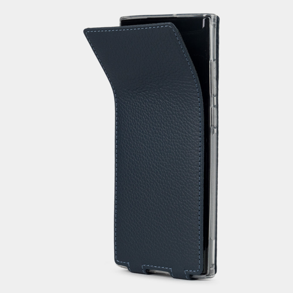 Samsung S24 Ultra blue leather case, flexible flap folding completely flat against the back