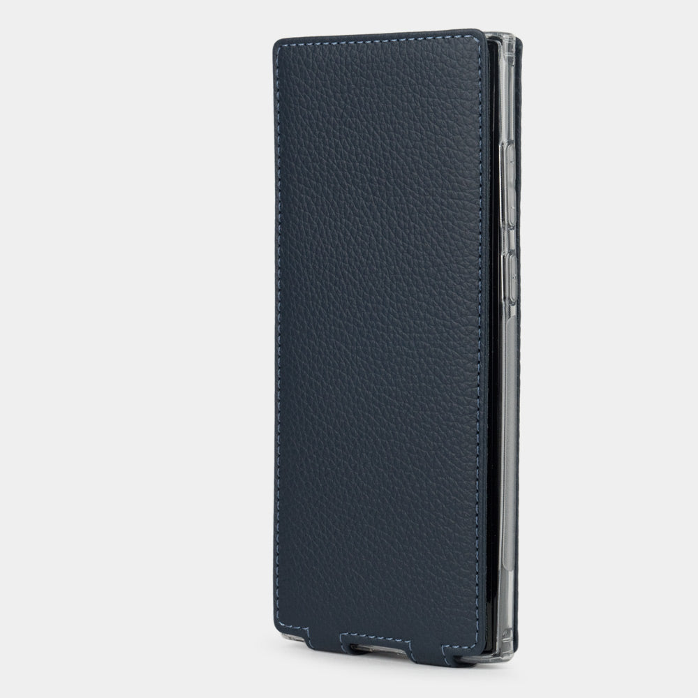 Samsung S24 Ultra leather flip case in navy blue calfskin, patented magnetic flap closed flat — front view