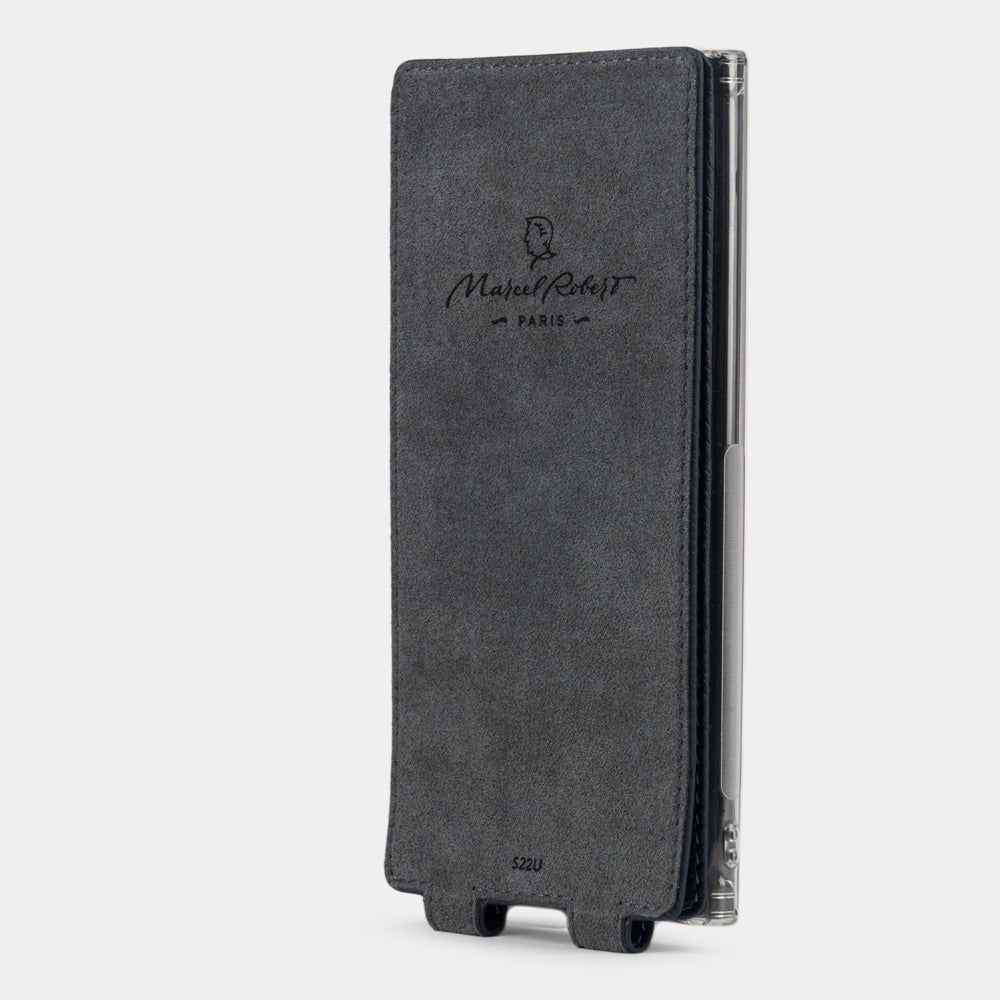 Interior of the Samsung S24 Ultra blue leather flip case, Alcantara lining with Marcel Robert Paris embossed logo