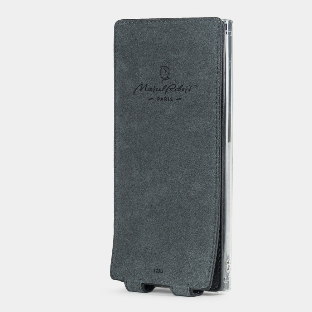 Interior of the Samsung S23 Ultra black leather flip case, Alcantara lining with Marcel Robert Paris embossed logo