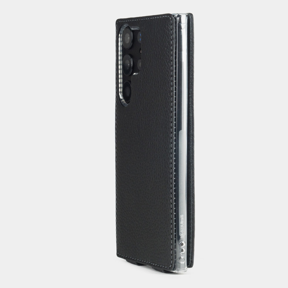 Back view of the Samsung S23 Ultra black leather case, camera cutout with precise leather stitching