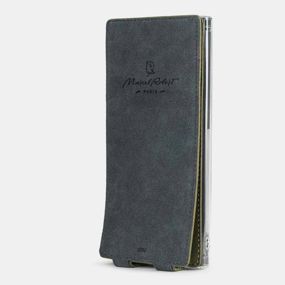 Interior of the Samsung S23 Ultra green leather flip case, Alcantara lining with Marcel Robert Paris embossed logo