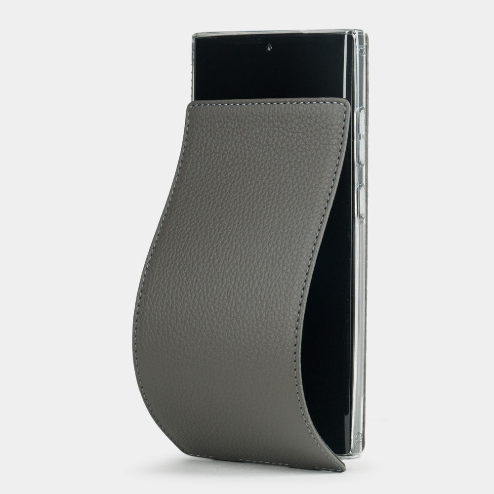 Samsung S23 Ultra grey leather flip case, magnetic flap opening to reveal the screen