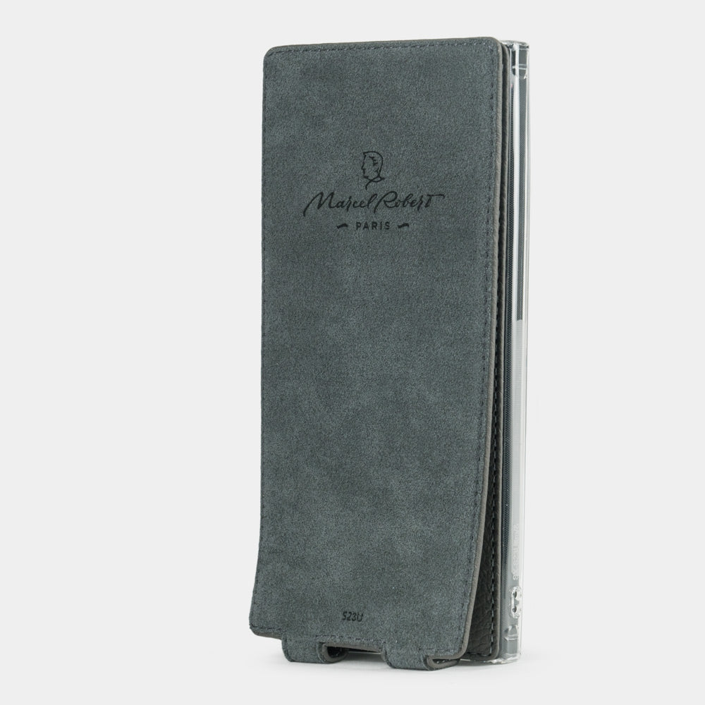 Interior of the Samsung S23 Ultra grey leather flip case, Alcantara lining with Marcel Robert Paris embossed logo