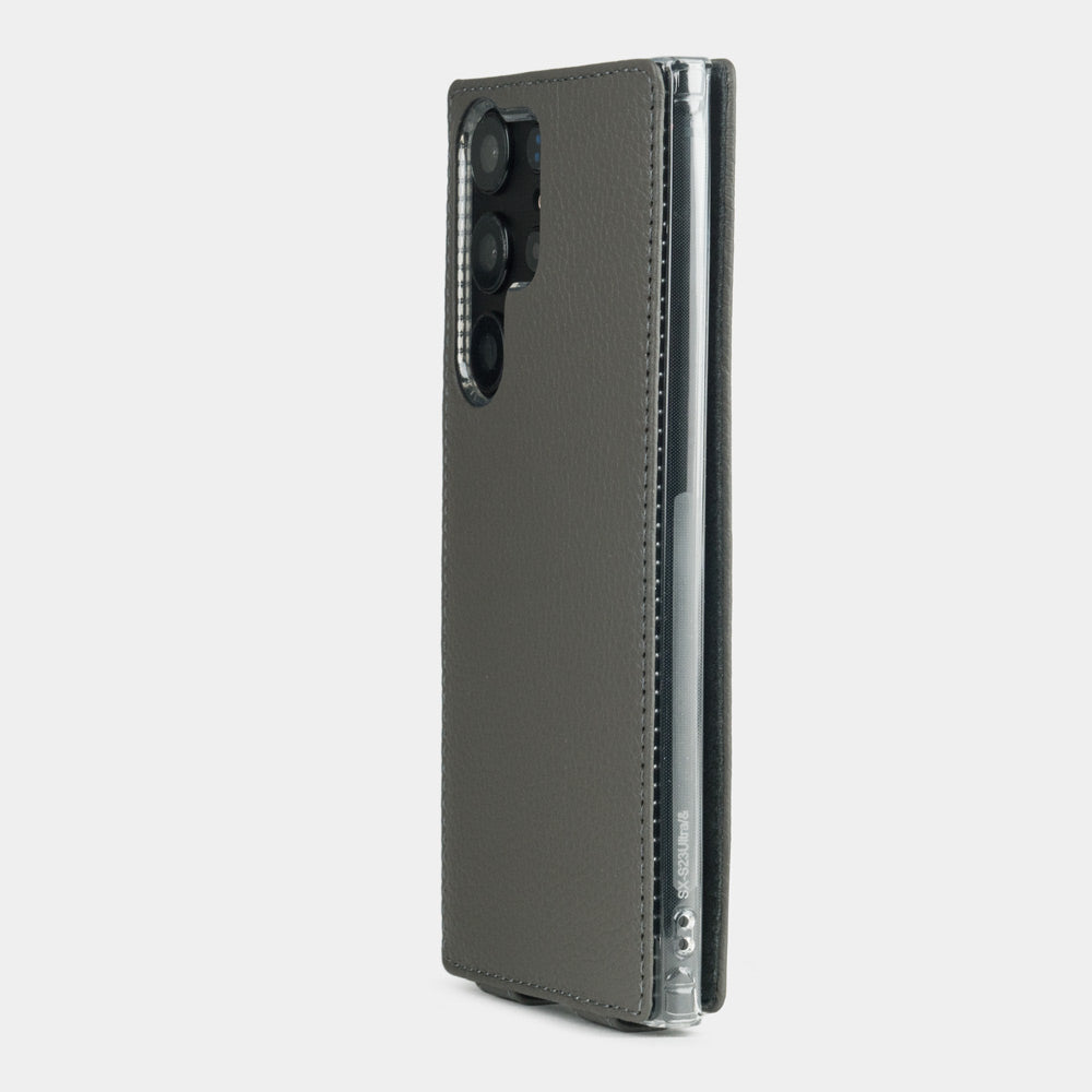 Back view of the Samsung S23 Ultra grey leather case, camera cutout with precise leather stitching