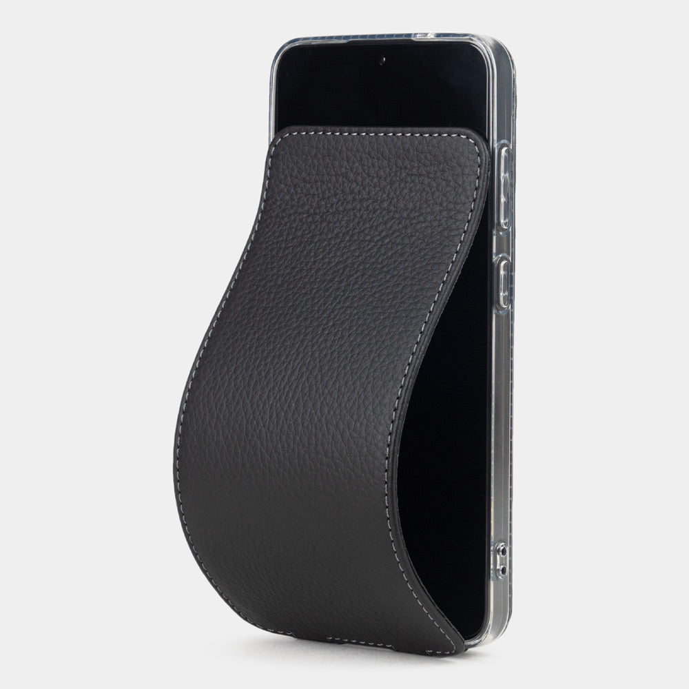 Samsung S24 Plus black leather flip case, magnetic flap opening to reveal the screen