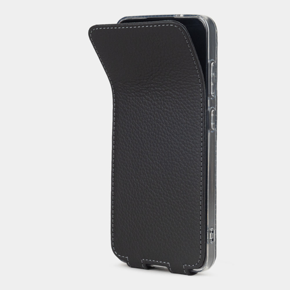 Samsung S24 Plus black leather case, flexible flap folding completely flat against the back