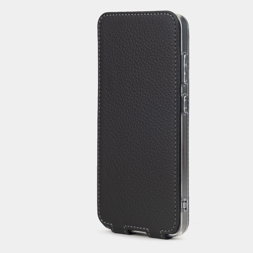 Samsung S24 Plus leather flip case in black calfskin, magnetic flap closed flat — front view