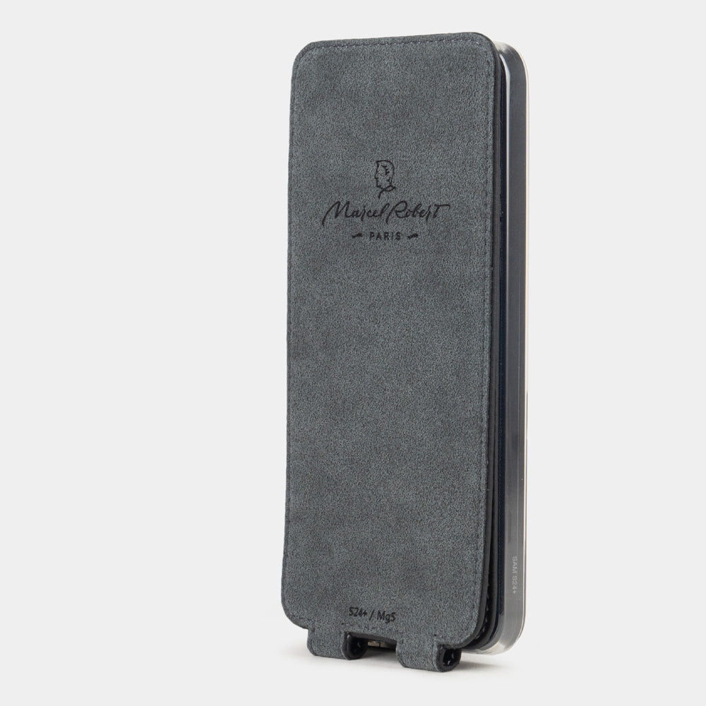 Interior of the Samsung S24 Plus black leather flip case, Alcantara lining with Marcel Robert Paris embossed logo