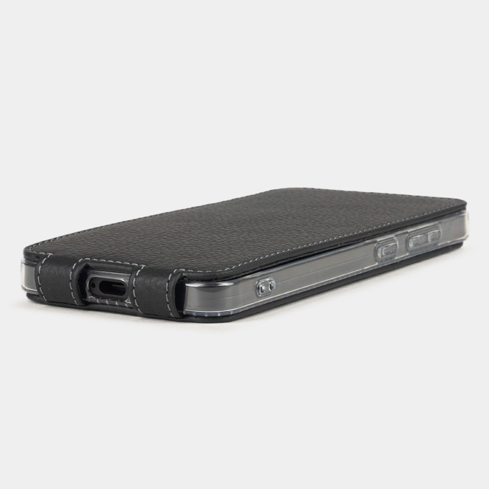 Side edge of the Samsung S24 Plus black leather case, USB-C port access with precise stitched leather finish