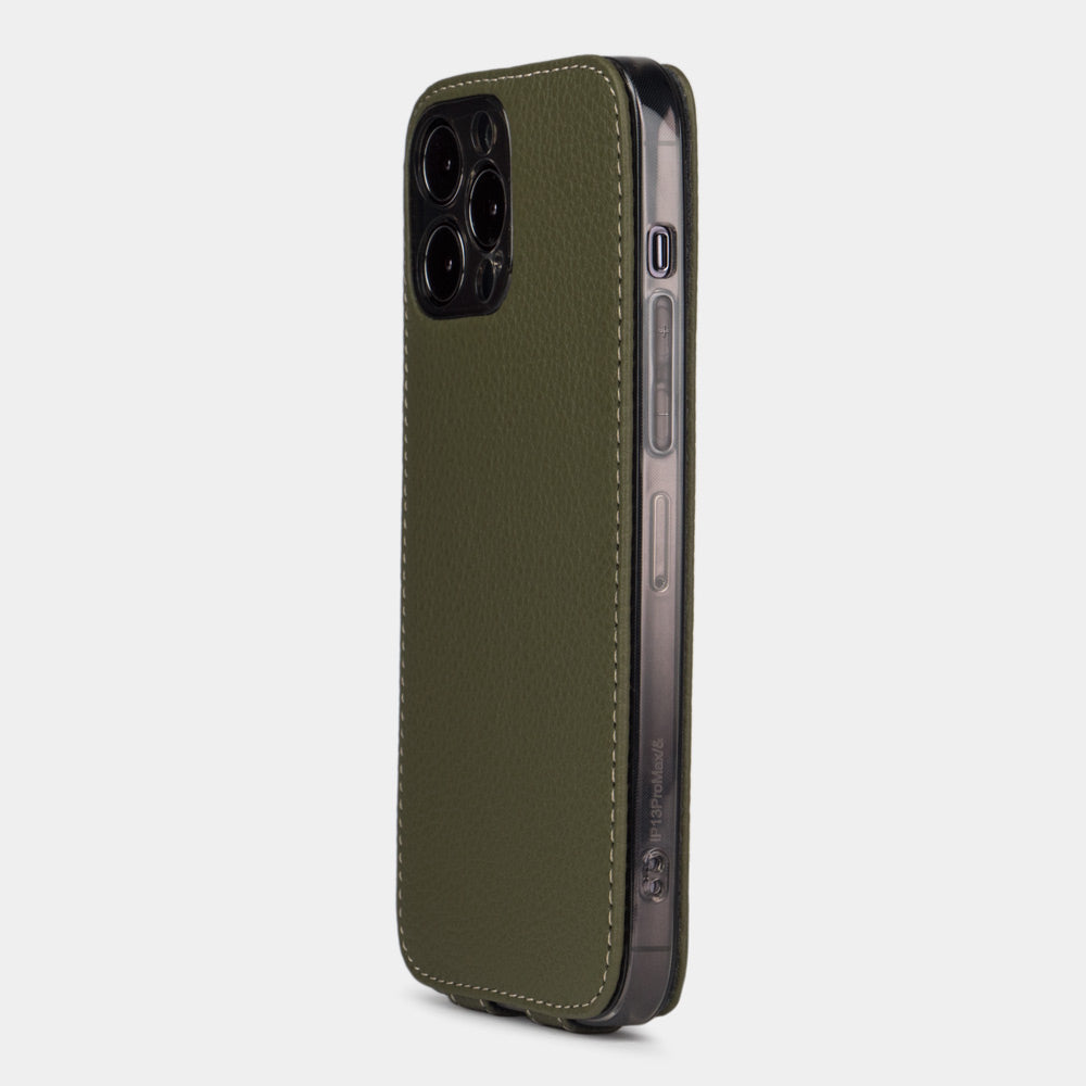 iPhone 14 Pro flip case made with green premium leather – view from the camera side showing how the leather efficiently protects the camera block