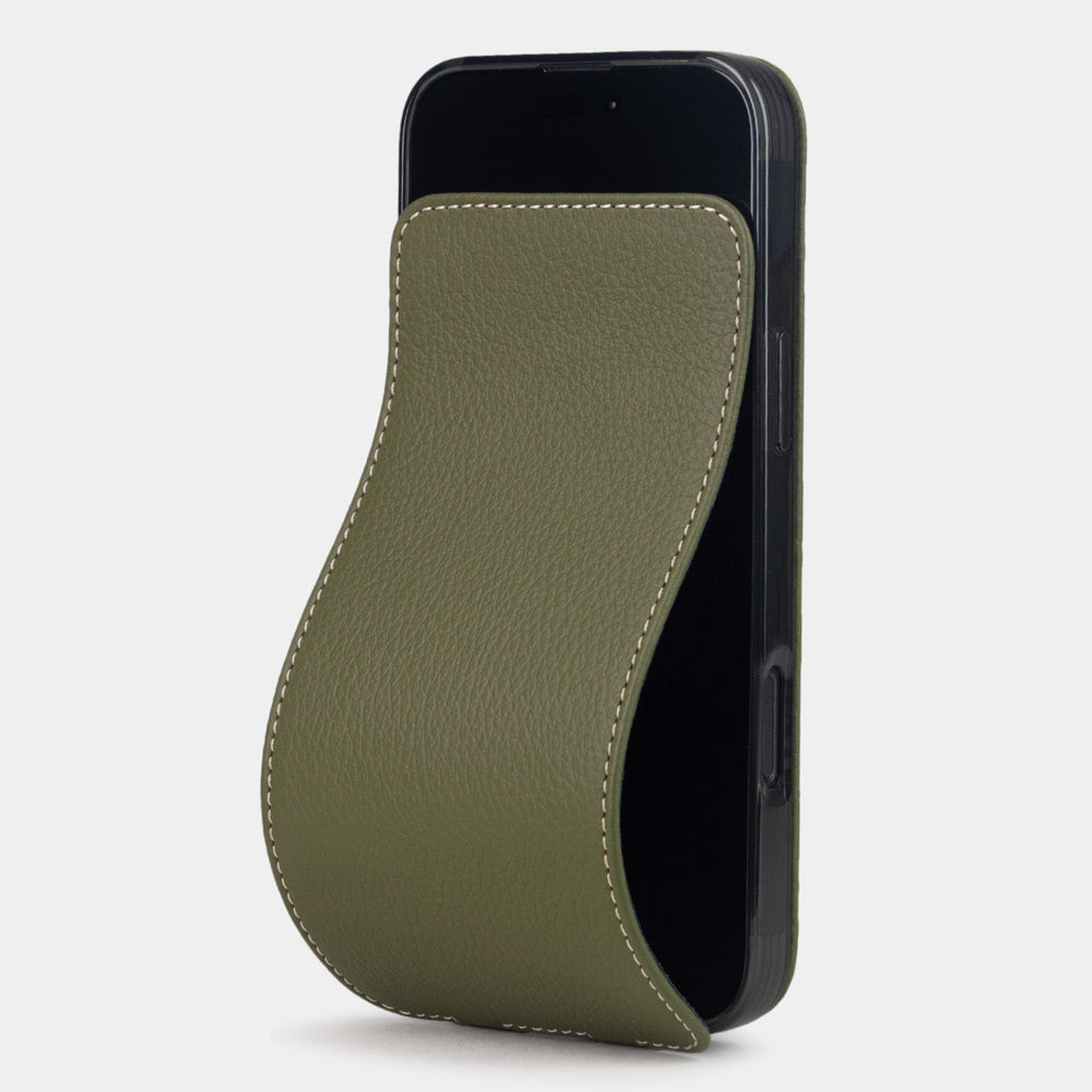 green calfskin leather flip case iPhone 16 Pro Max – luxury handmade phone case in genuine leather with magnetic front cover partially open