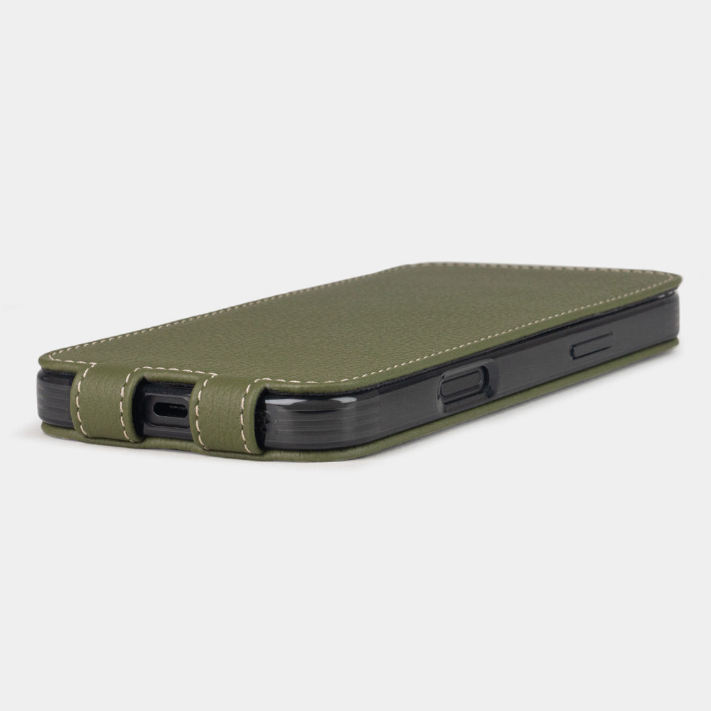 green calfskin Flip Case iPhone 16 Pro Max - flat side view displaying ultra-thin handcrafted design, USB-C port opening and precise edge finishing