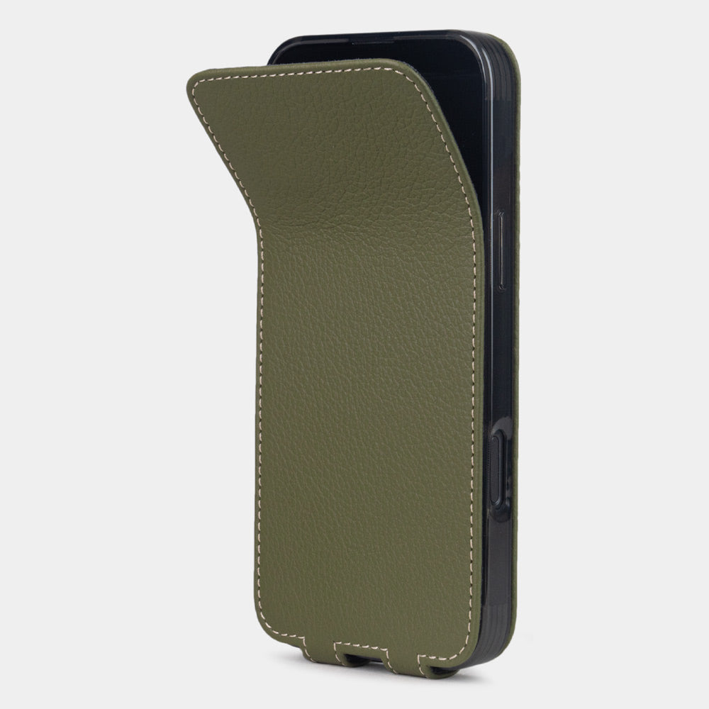 green calfskin leather Flip Case iPhone 16 Pro – phone flip case with textured natural scale pattern, flexible front cover folding back to protect the smartphone screen