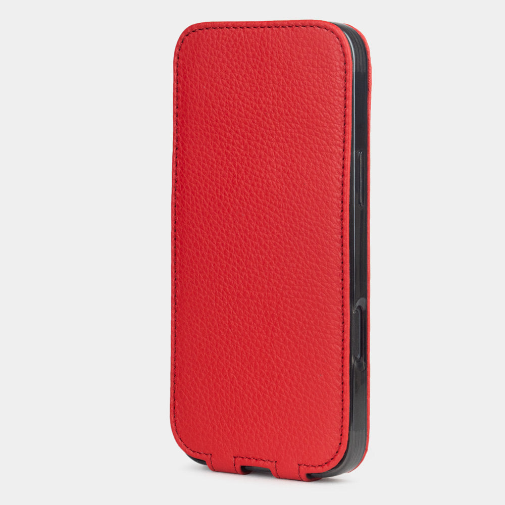 Marcel Robert iPhone 17 pro max case in red calfskin leather, closed upright view with magnetic front cover protecting the screen