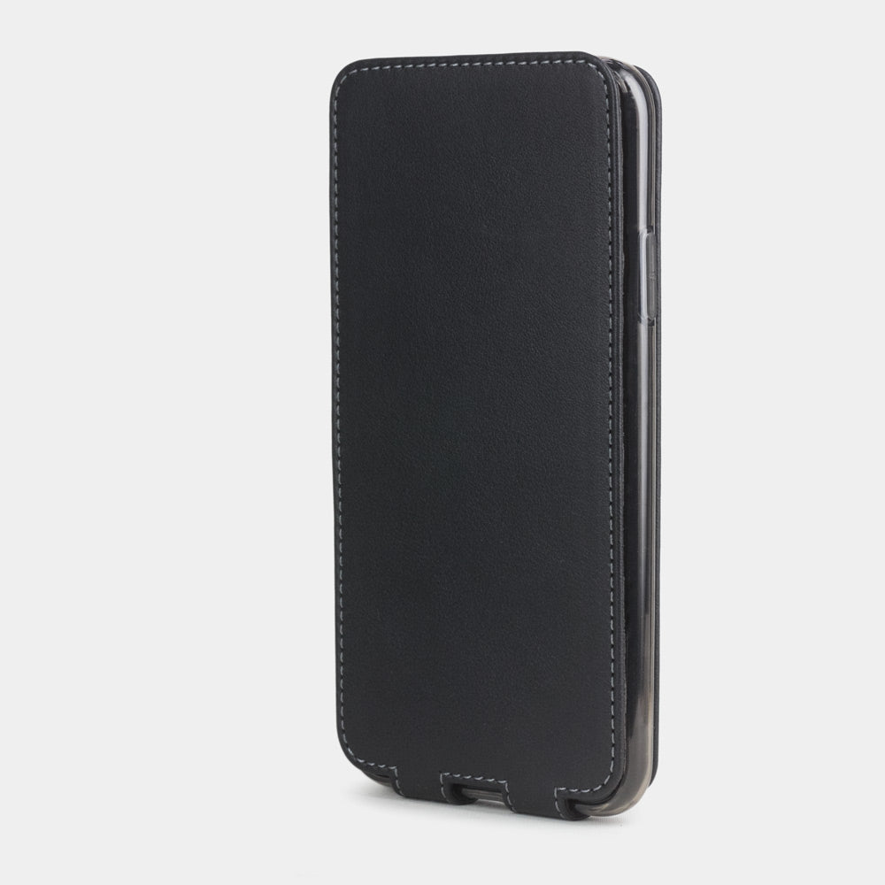 Black calfskin leather flip case iPhone 11 Pro, Marcel Robert handmade magnetic folding cover