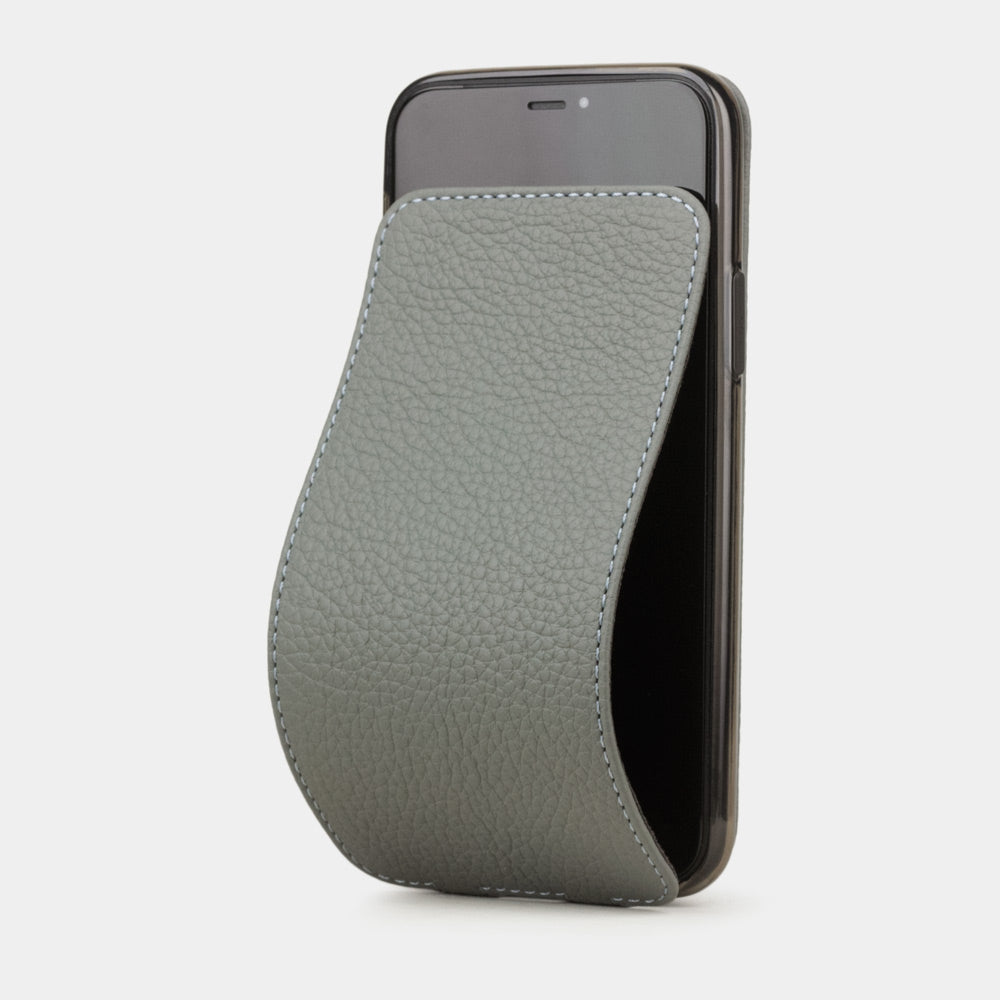Grey Steel calfskin leather flip case iPhone 11, Marcel Robert handmade magnetic folding cover