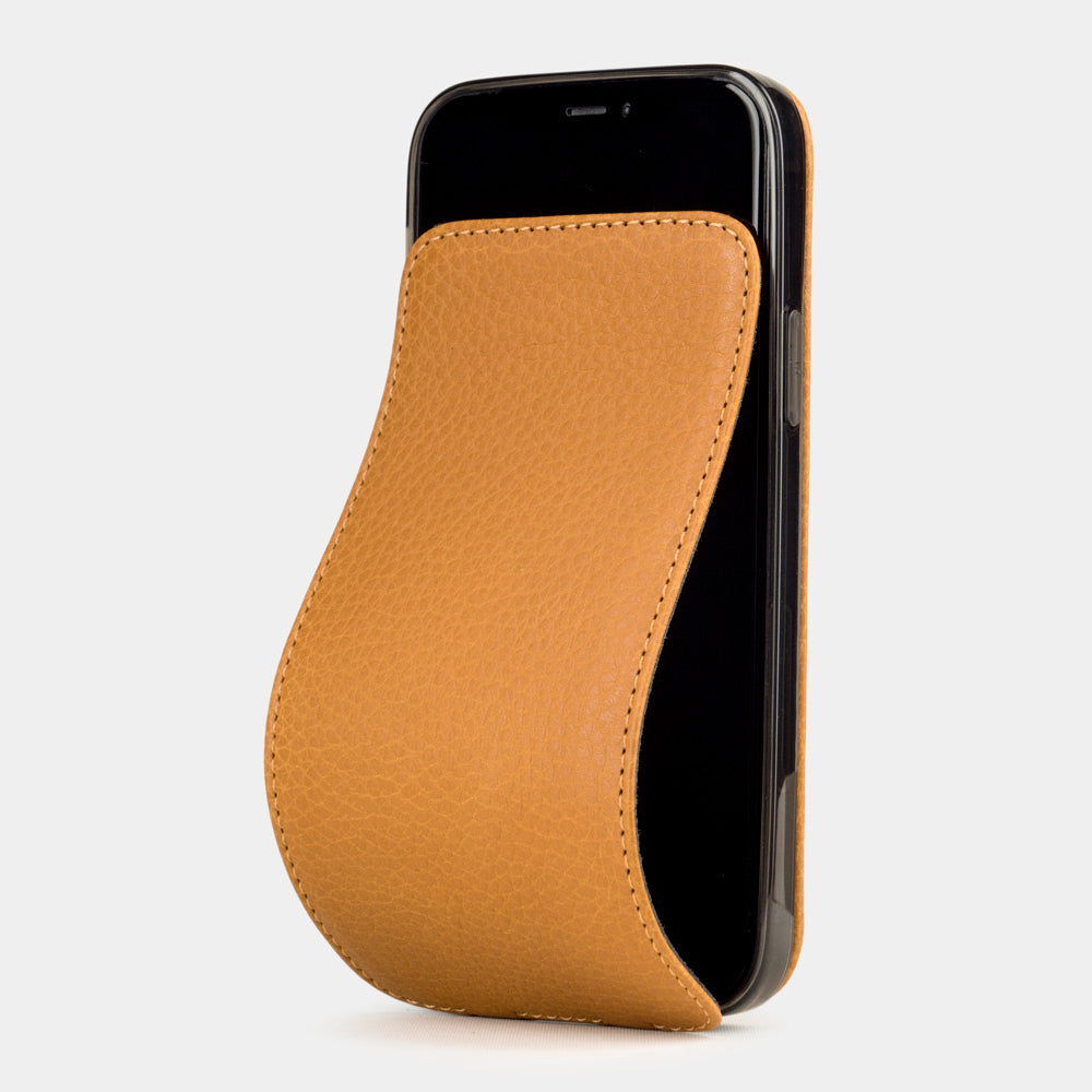 ocker calfskin leather iPhone 12 Pro Max case — handmade magnetic flip cover Marcel Robert