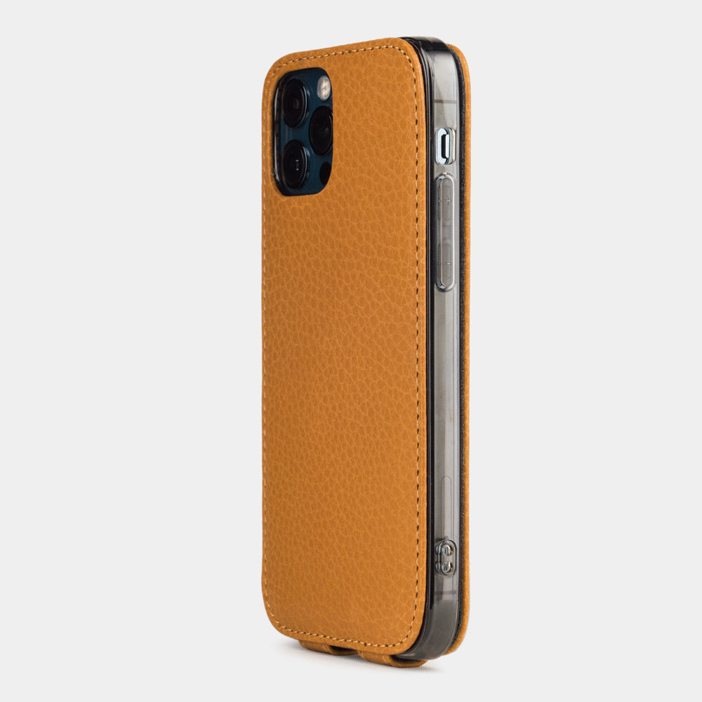 ocker calfskin leather iPhone 12 Pro Max case — handmade magnetic flip cover Marcel Robert