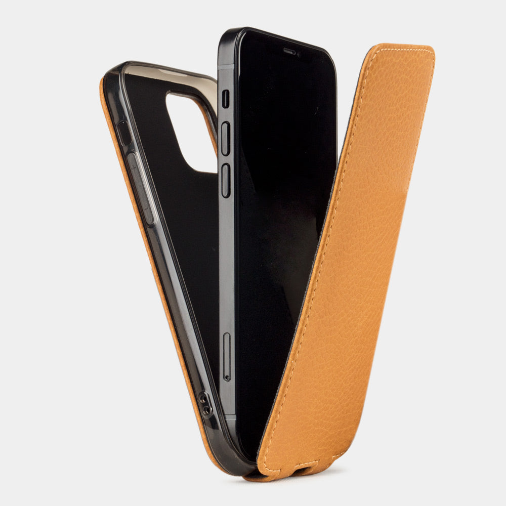 ocker calfskin leather iPhone 12 Pro Max case — handmade magnetic flip cover Marcel Robert