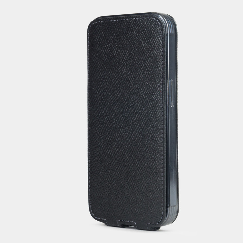 Black Epsom calfskin leather flip case for iPhone 15 Plus – flap closed flat, profile view with side buttons accessible