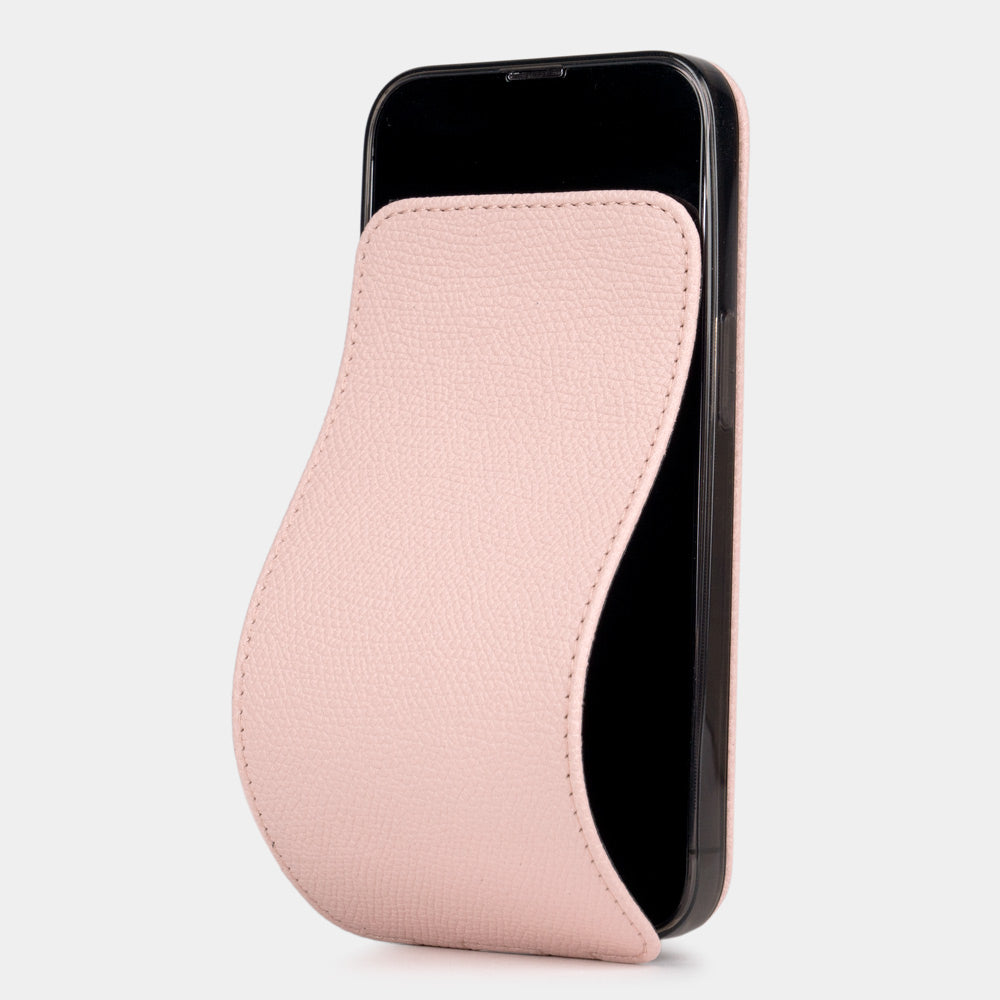 Pink calfskin leather case iPhone 15 Pro Max – front view, magnetic cover closed, protecting the screen