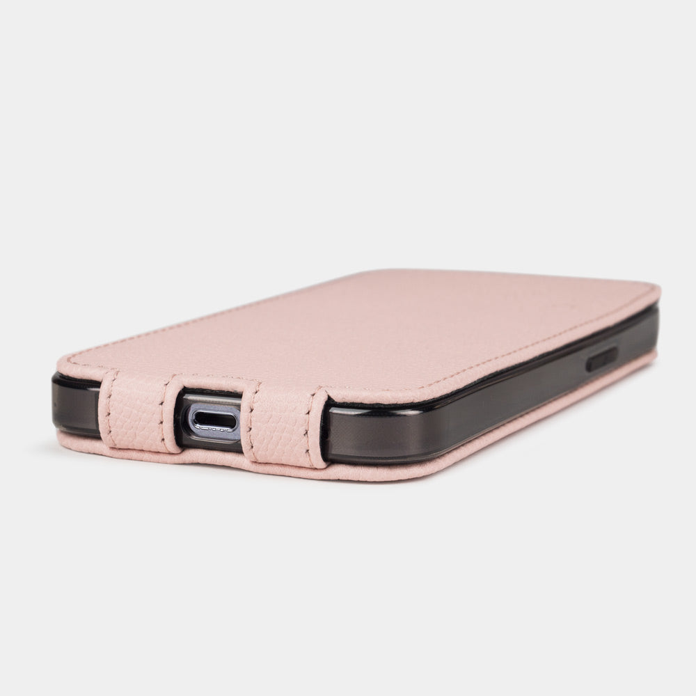 Pink calfskin leather case iPhone 15 Pro Max – side view showing camera lens protection