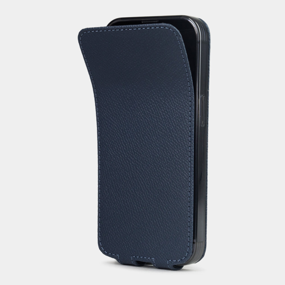 Blue Epsom calfskin leather flip case for iPhone 15 Plus – magnetic flap opening to reveal the screen