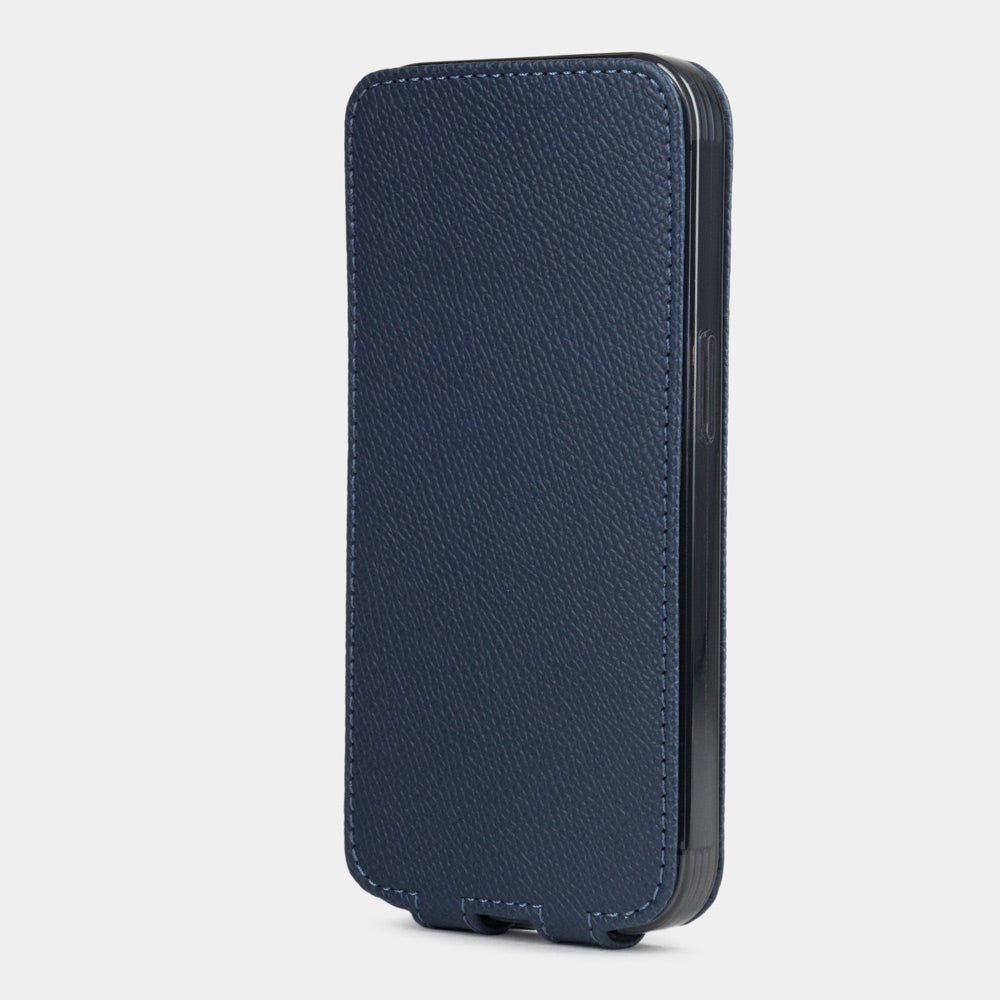 Blue Epsom calfskin leather flip case for iPhone 15 Plus – flap closed flat, profile view with side buttons accessible