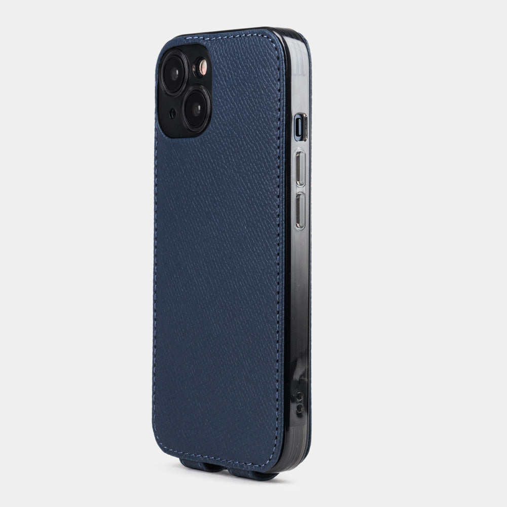 Blue Epsom calfskin leather flip case for iPhone 15 Plus – back view showing the camera cutout and hand-stitched edges