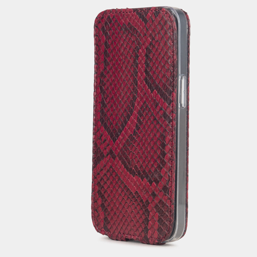 Bordeaux Python Case iPhone 16e – upright closed view highlighting the magnetic front cover fully protecting the screen, elegant silhouette