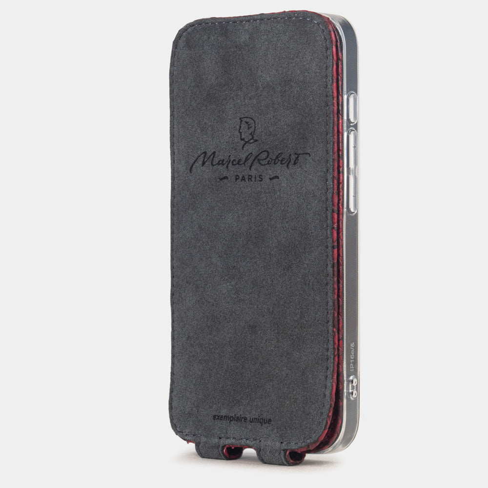 Bordeaux Python Case iPhone 16e - interior view showing grey Alcantara lining with magnetic closure, designed to clean and protect the screen