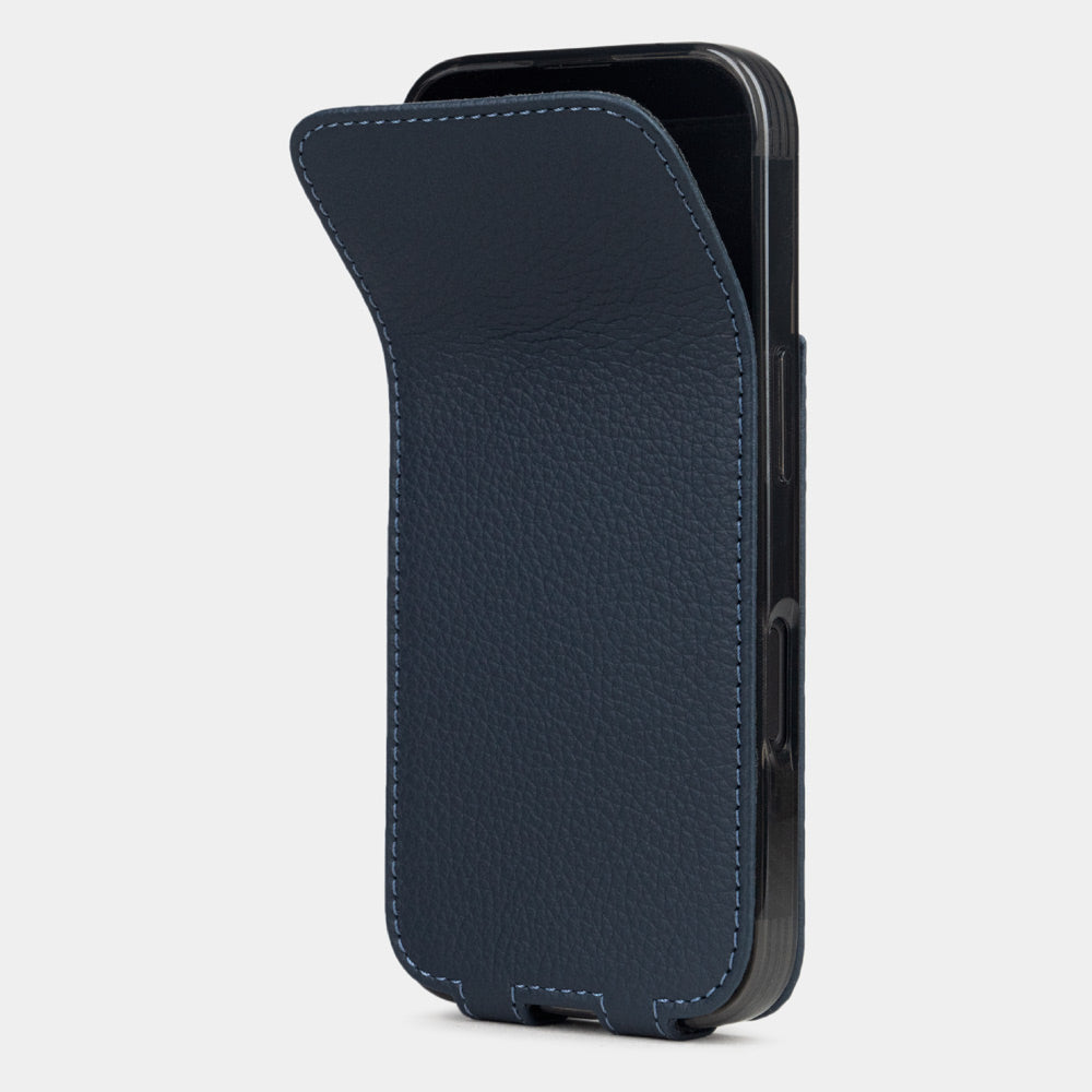 blue calfskin leather Flip Case iPhone 16 plus – phone flip case with textured natural scale pattern, flexible front cover folding back to protect the smartphone screen