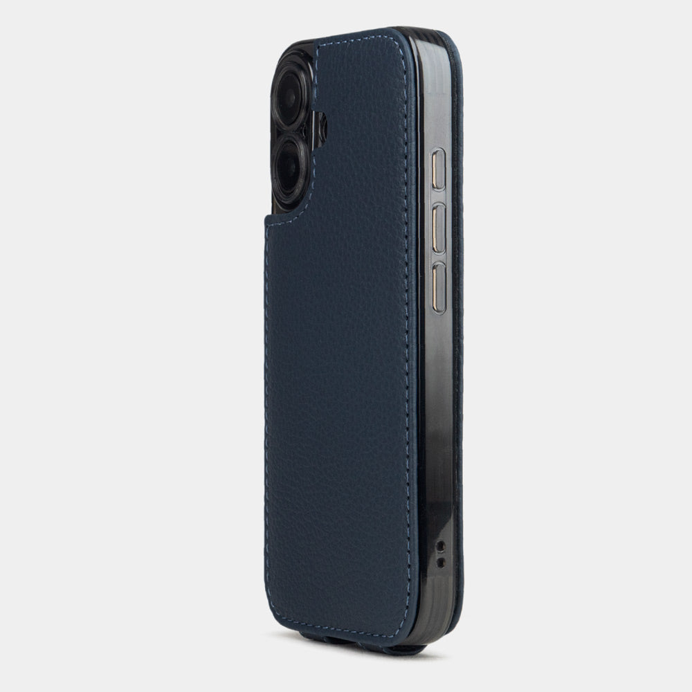 blue Calfskin Flip Case iPhone 16 - view from camera side and how the lenses are efficiently protected