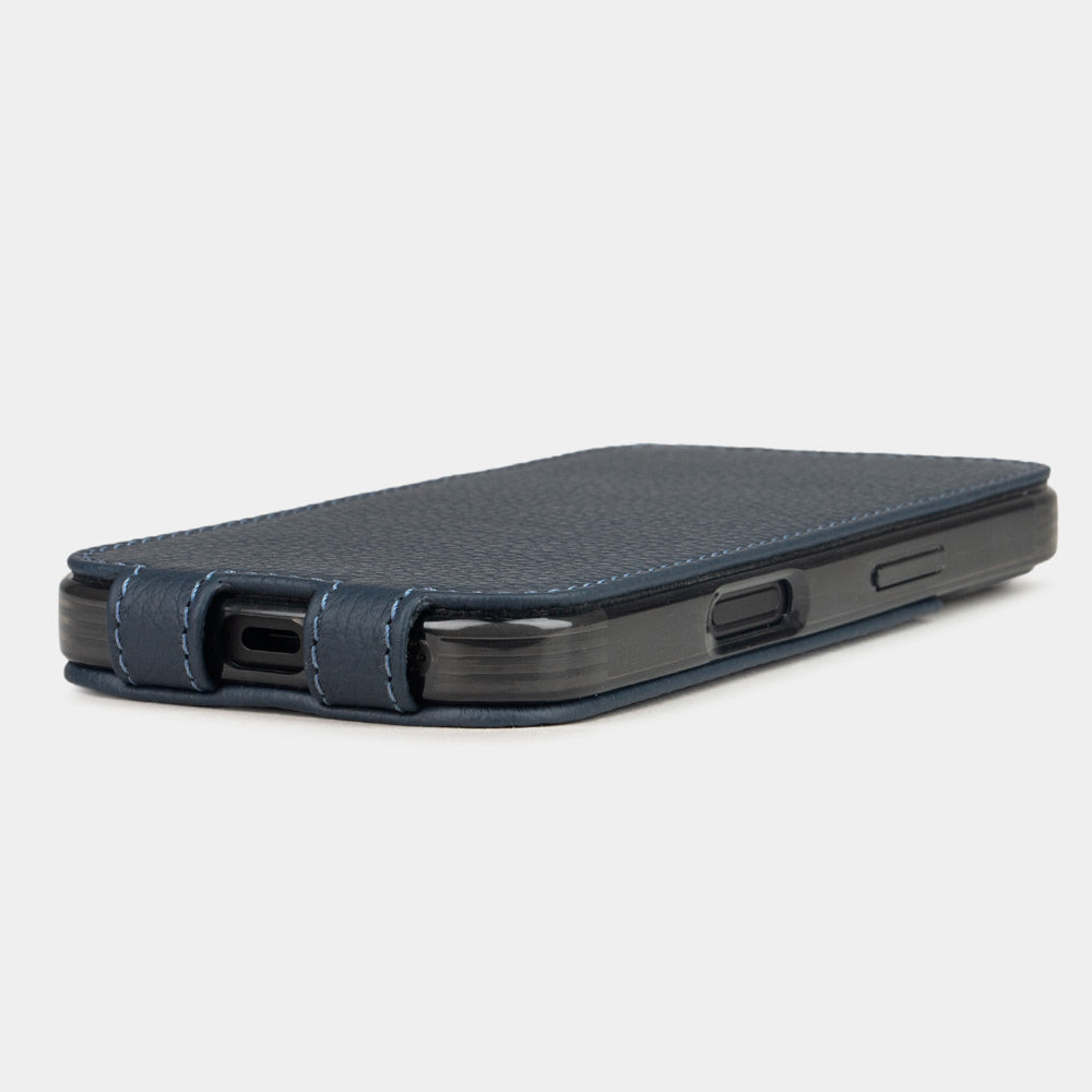 blue calfskin leather Flip Case iPhone 16 plus - flat side view displaying ultra-thin handcrafted design, USB-C port opening and precise edge finishing
