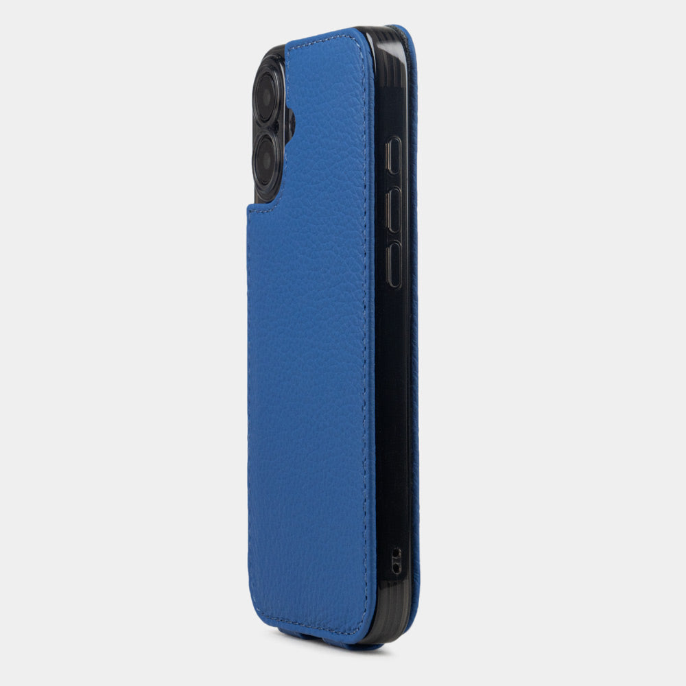 royal blue Calfskin leather Flip Case iPhone 16 Plus  - view from camera side and how the lenses are efficiently protected
