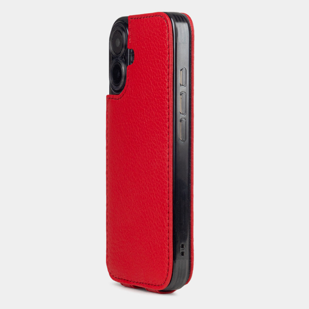 red Calfskin leather Flip Case iPhone 16 Plus  - view from camera side and how the lenses are efficiently protected