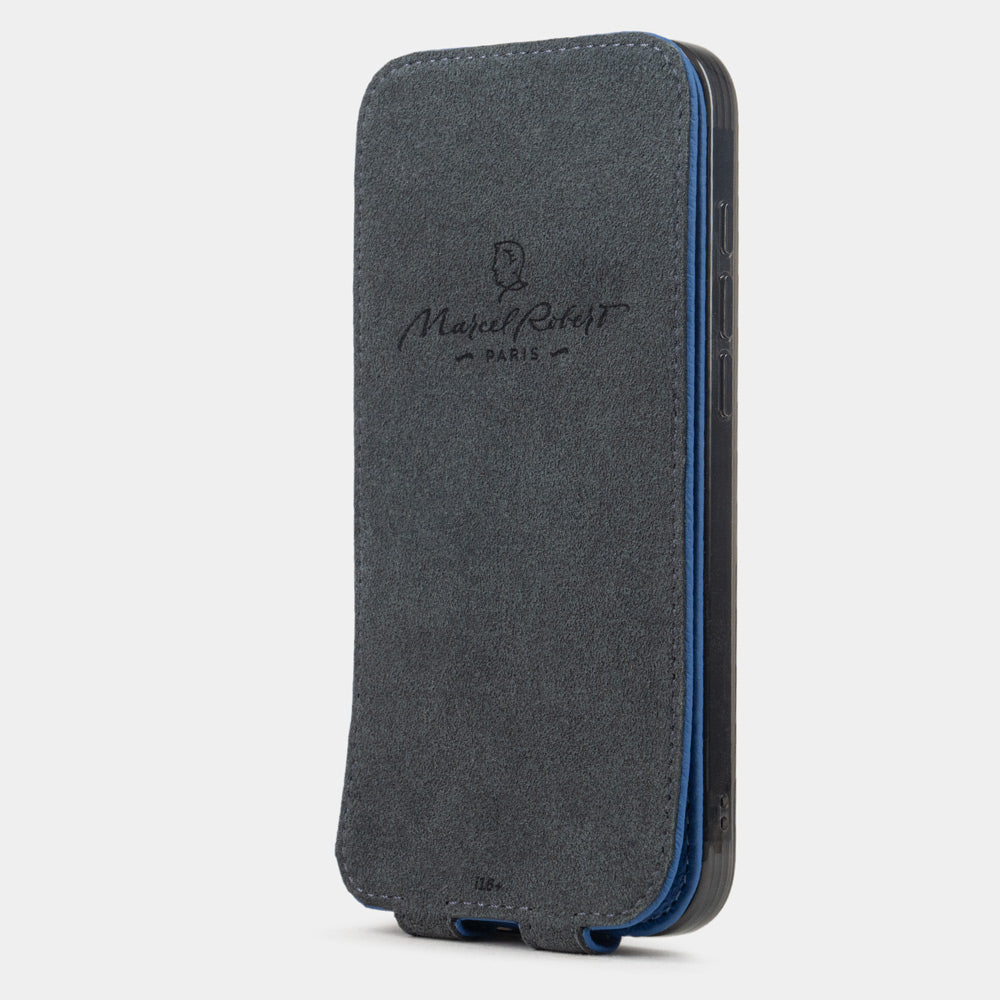 royal blue Calfskin leather Flip Case iPhone 16 Plus - interior view showing grey Alcantara lining with magnetic closure, designed to clean and protect the screen