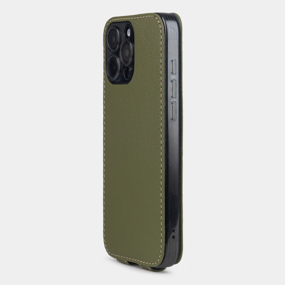 green Calfskin leather Flip Case iPhone 16 Pro Max - view from camera side and how the lenses are efficiently protected
