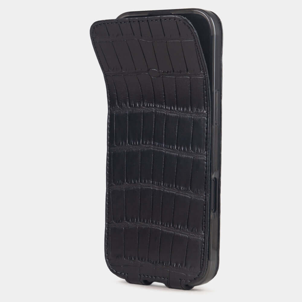 Black Alligator Case iPhone 17 Air – phone flip case with alligator textured pattern flexible front cover folding back to protect the smartphone screen
